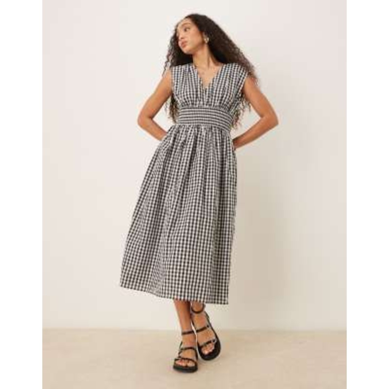 YAS shirred waist midi dress in black and white checkerboard