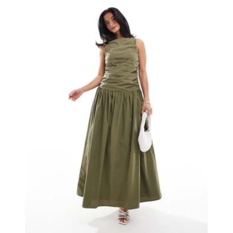 4th & Reckless Petite ruched poplin sleeveless drop waist maxi dress in khaki