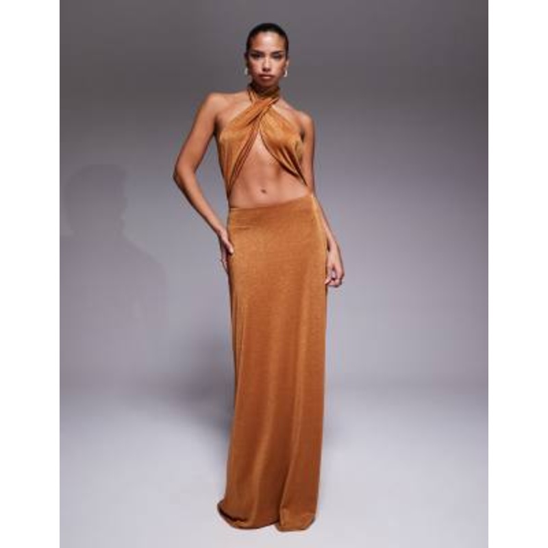 AFRM metallic knit halterneck cut out maxi dress in bronze