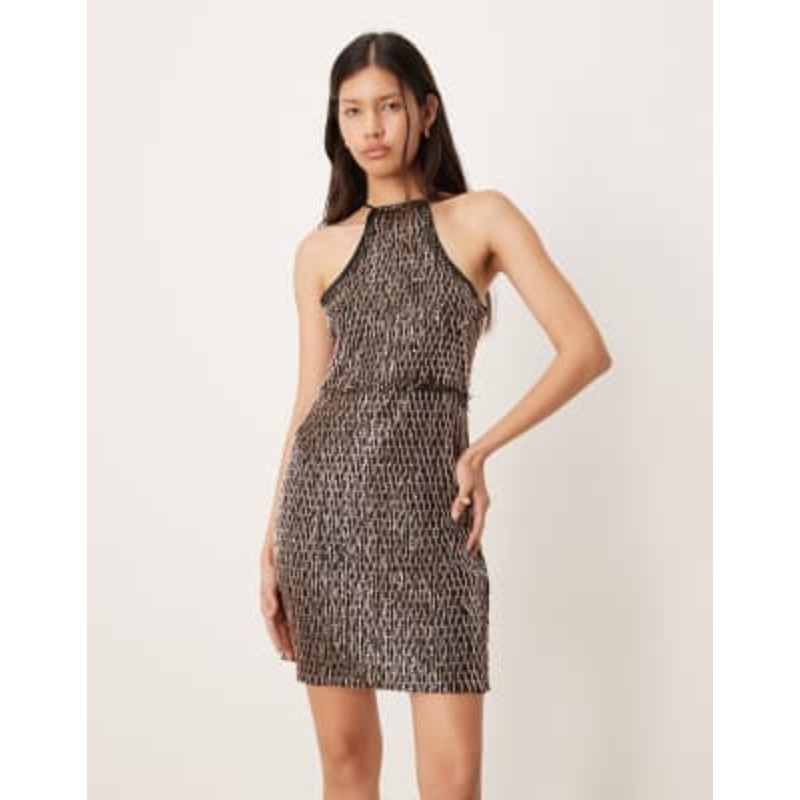 Amy Lynn curled sequin cut away mini dress in black and gold