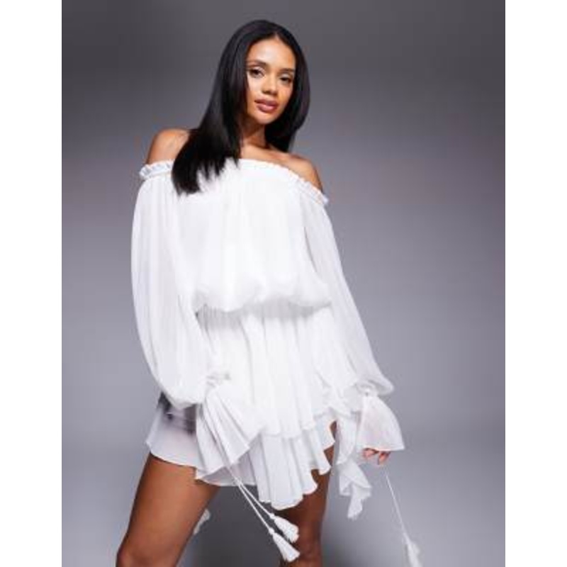 Aria Cove chiffon off the shoulder drape detail tiered hem mini dress in white