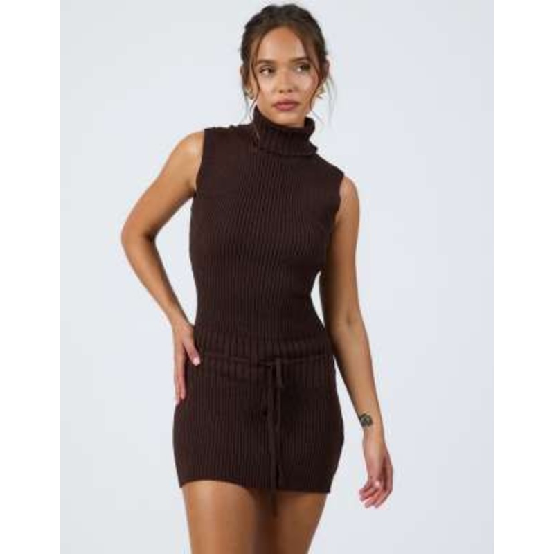 Aria Cove ribbed turtle neck tie waist detail sleeveless mini dress in chocolate