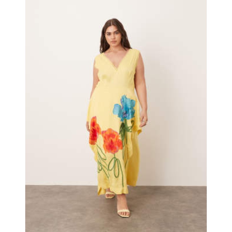 ARRANGE Curve floral embroidered sleeveless midaxi dress with side splits in yellow