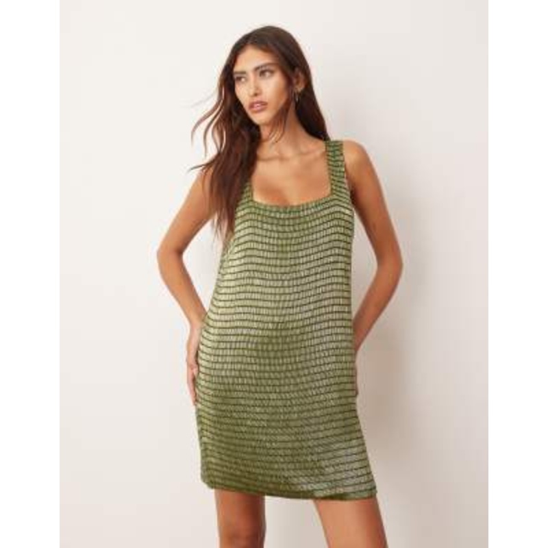ARRANGE embellished beaded square neck mini shift dress in olive