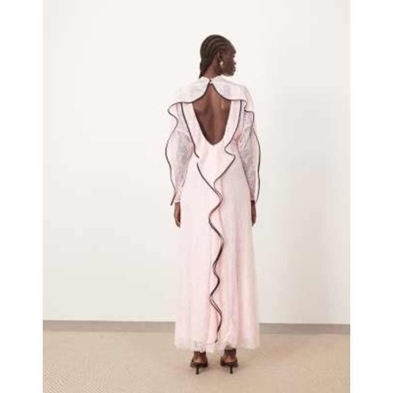 ARRANGE lace long sleeve maxi dress with ruffle framed back and tipping in pink