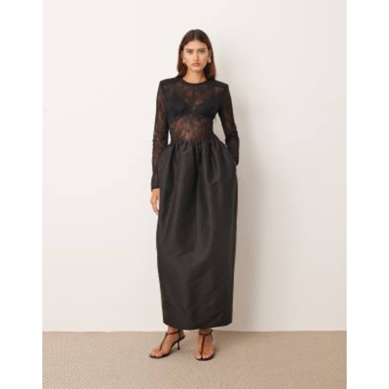 ARRANGE long sleeve lace and bonded satin maxi dress in black
