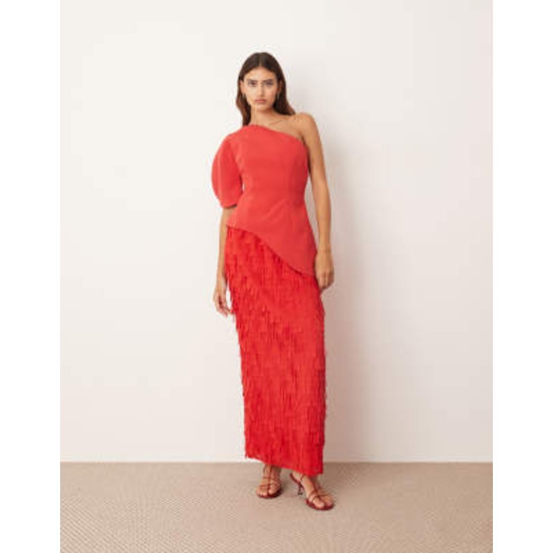 ARRANGE sculptural one shoulder textured hybrid maxi dress in red