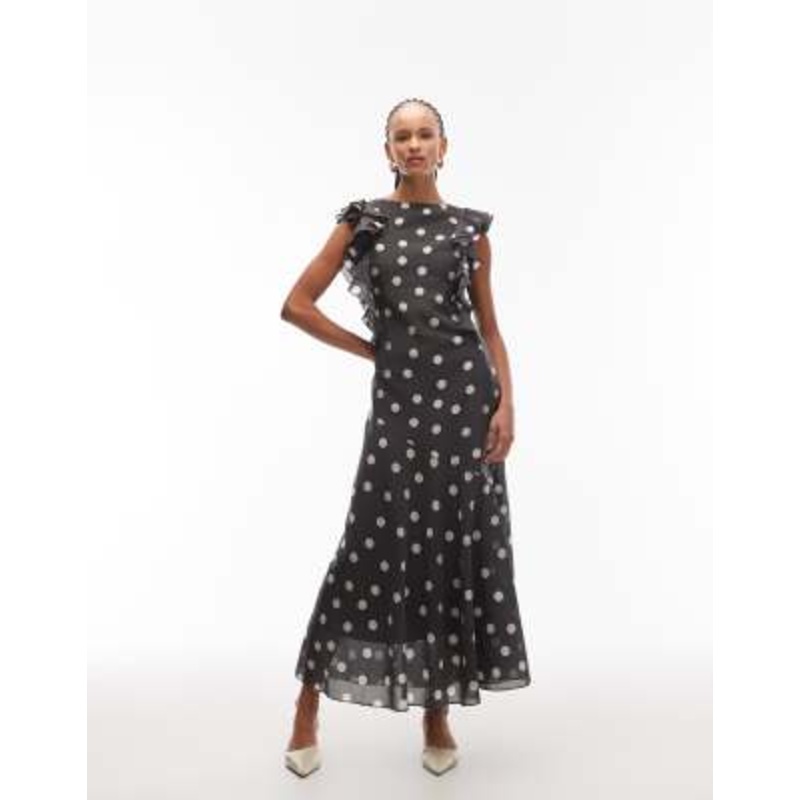 & Other Stories maxi dress with ruffle edging and low back in black dolka dot print