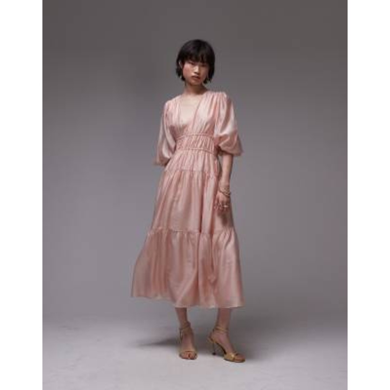 & Other Stories midaxi dress with volume sleeves and shirred bodice detail in pink