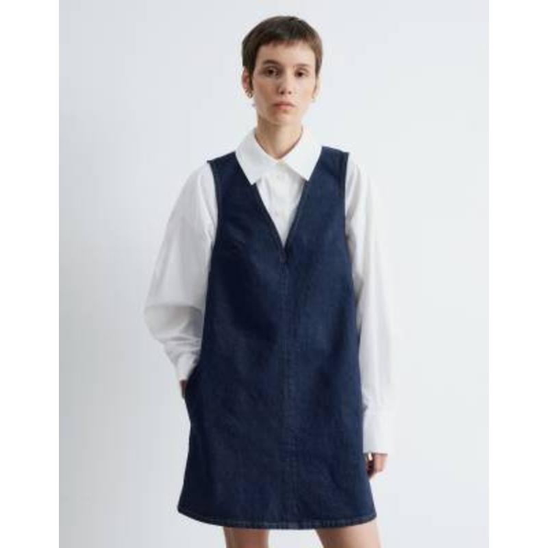 & Other Stories stretch denim v-neck mini dress with front seam in dark washed blue