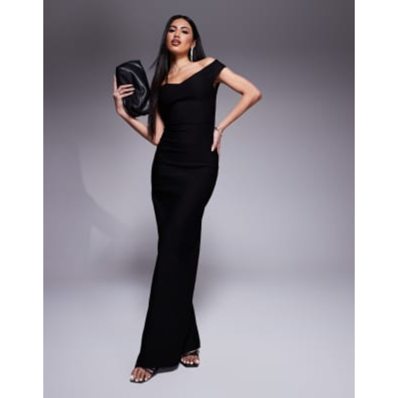 Vesper bengaline sweetheart neckline off the shoulder maxi dress in black