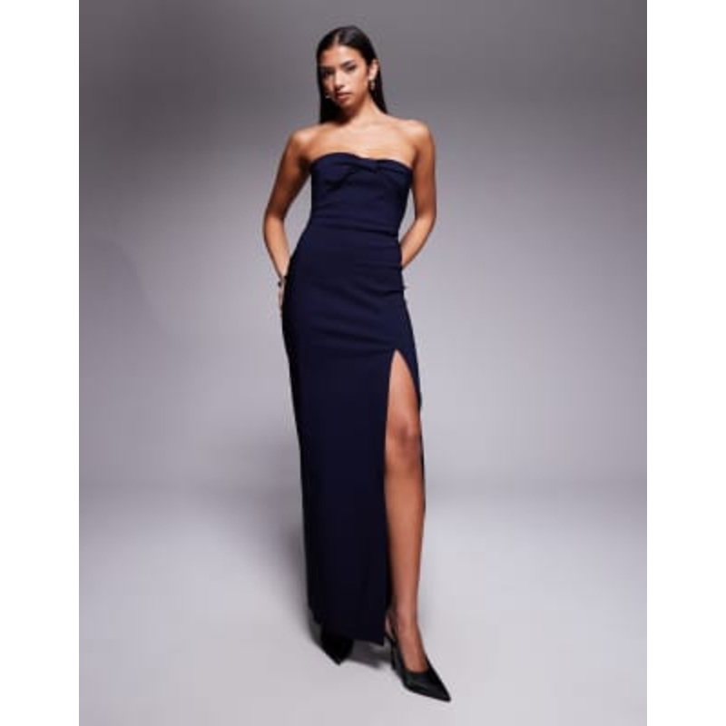 Vesper bow front detail bandeau thigh slit maxi dress in navy