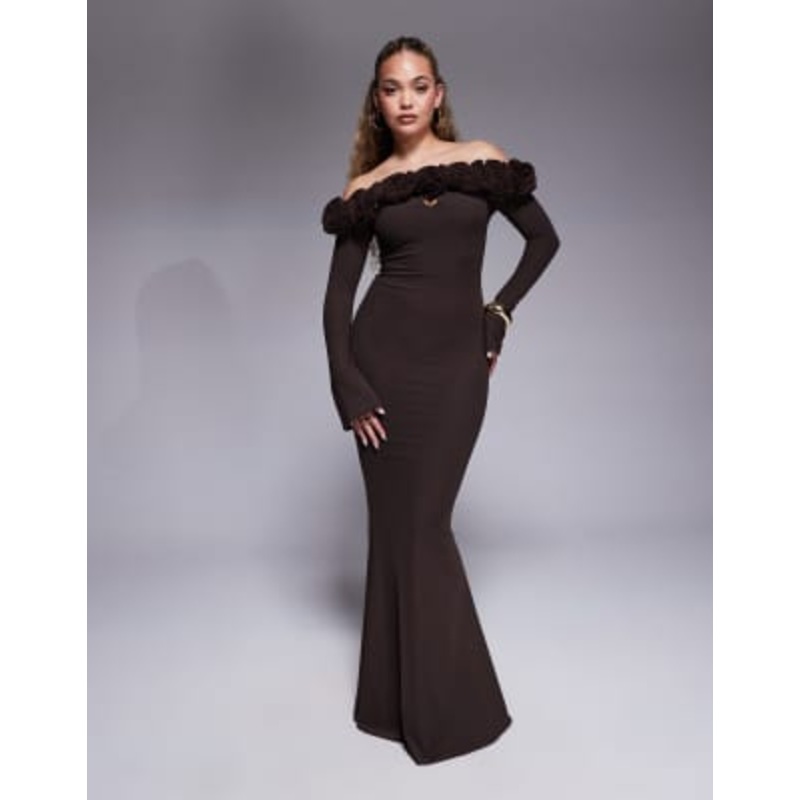 Wanderdoll Ainsleigh second skin bardot corsage detail maxi dress in chocolate