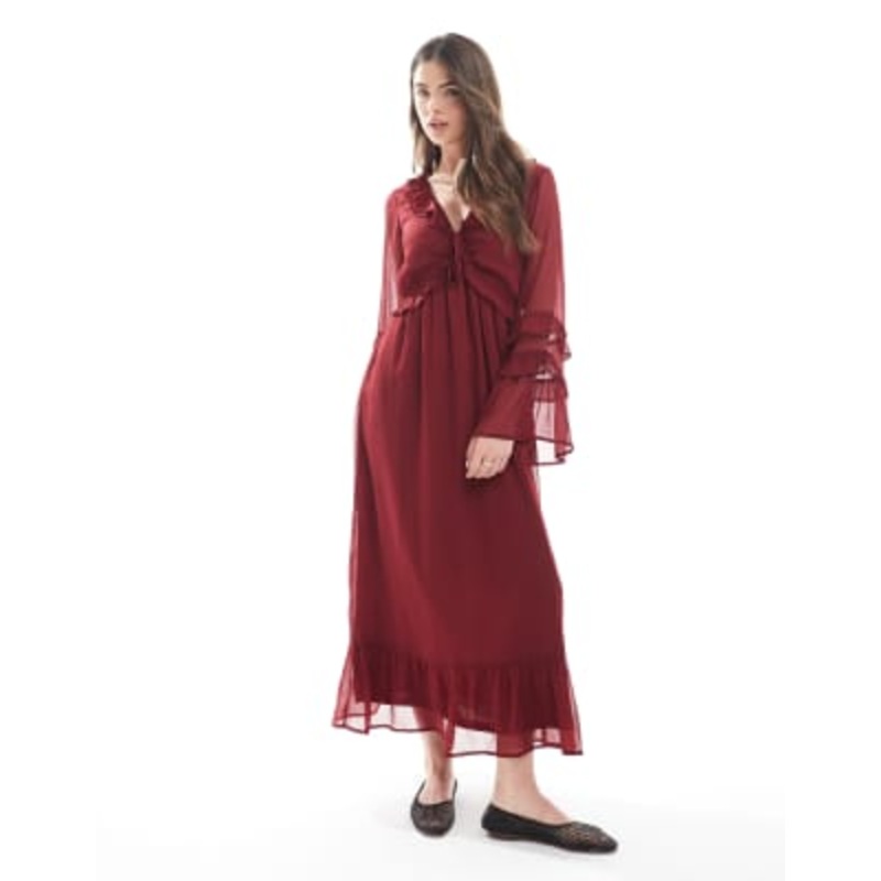 Wednesday’s Girl floaty V-neck midaxi dress in burgundy