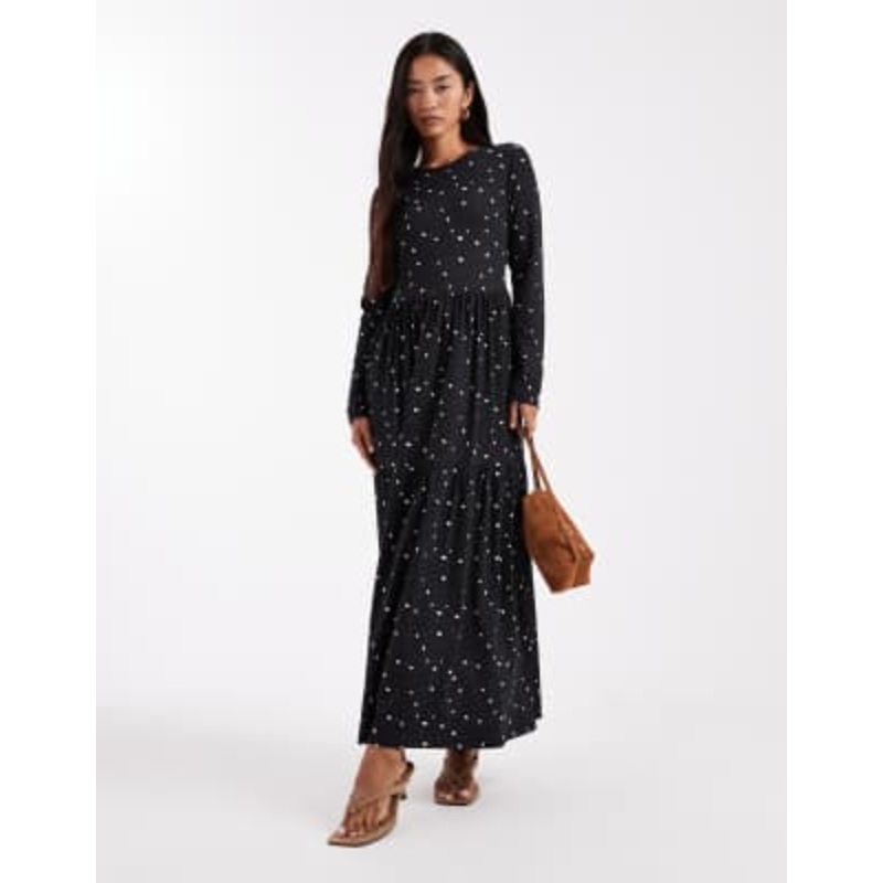 Wednesday’s Girl long sleeve smudged polka dots midaxi dress in navy