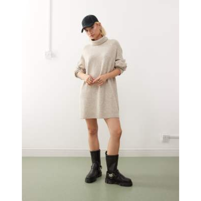 Weekday turtle neck knitted mini sweater dress in beige melange exclusive to