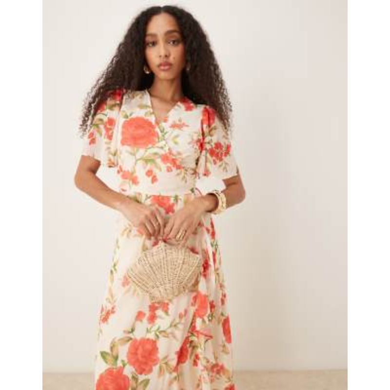 YAS wrap front fluted sleeve chiffon maxi dress in cream rose print
