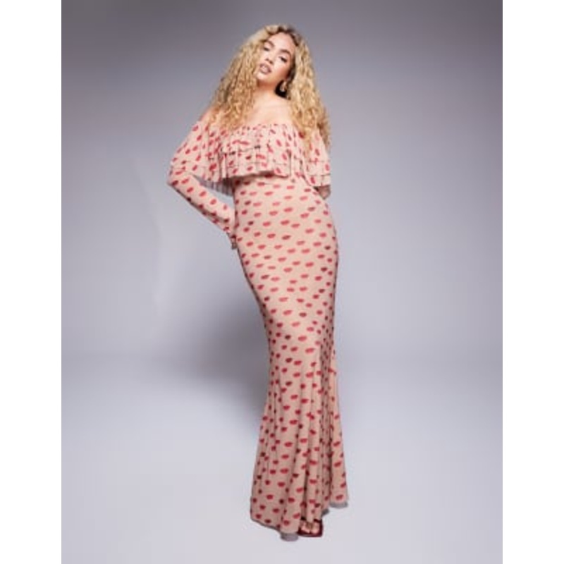 AFRM Dahlia off the shoulder maxi dress with ruffle detail in almond kiss print
