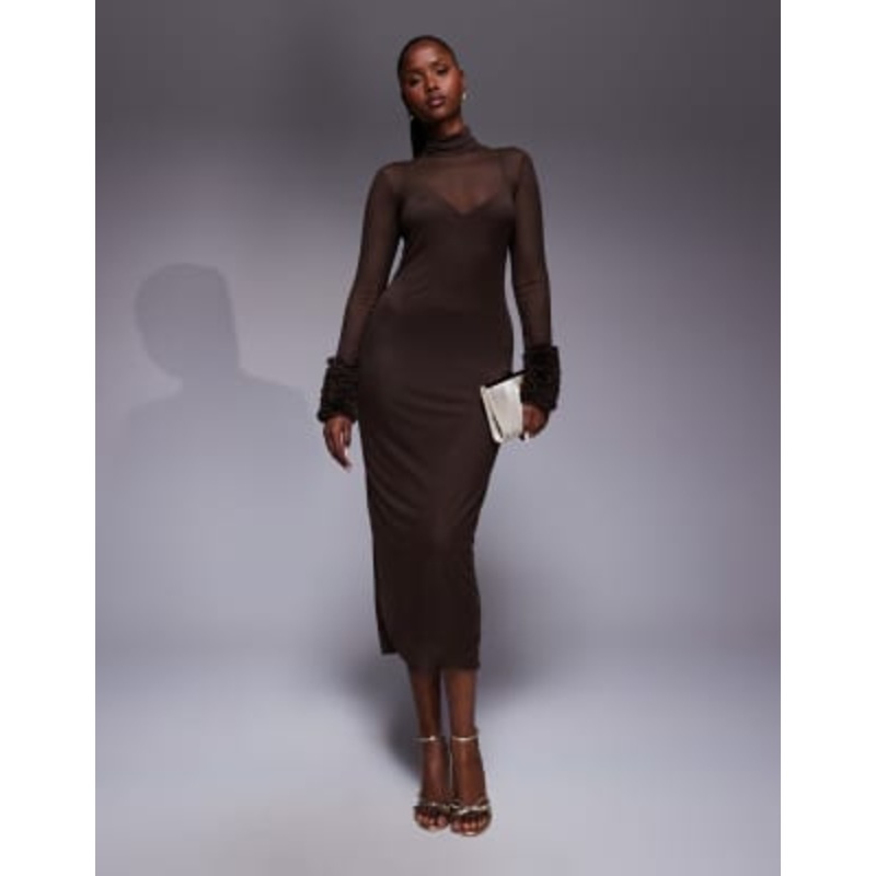 AFRM turtleneck midi dress with mini ruffle sleeves in espresso brown