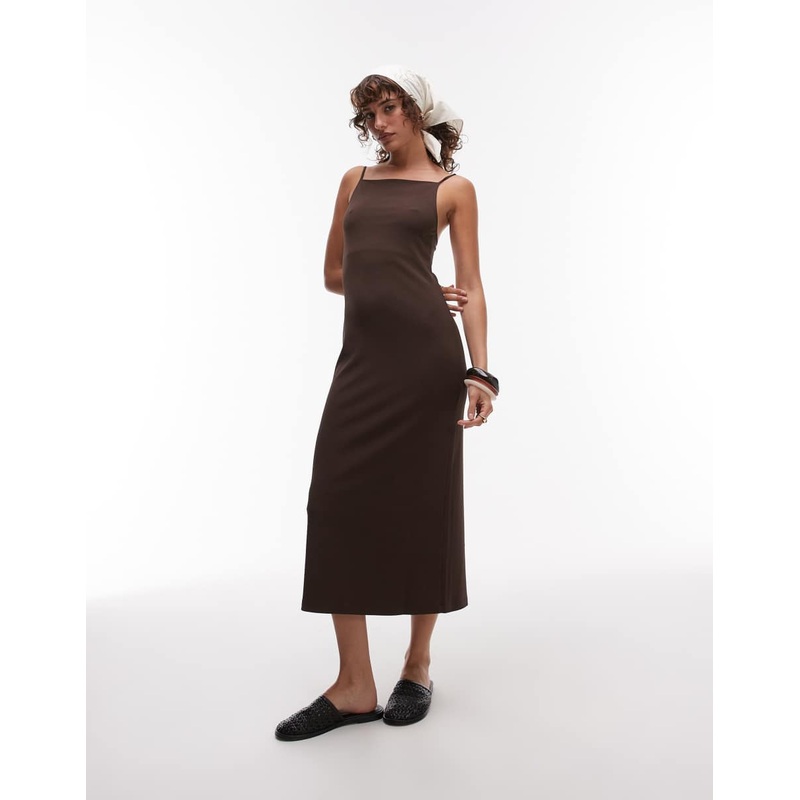 ARKET compact rib knit square neck sleeveless midi dress in chocolate brown