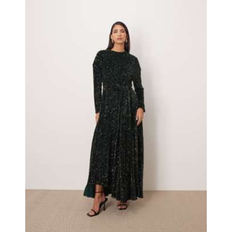 ARRANGE all over sequin long sleeve maxi dress in forest green