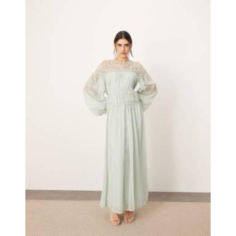 ARRANGE lace insert drop waist blouson sleeve trapeze maxi dress in light blue
