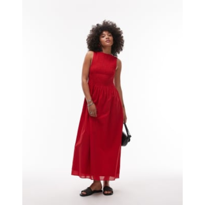 & Other Stories boat neck maxi dress with smocked bodice in red