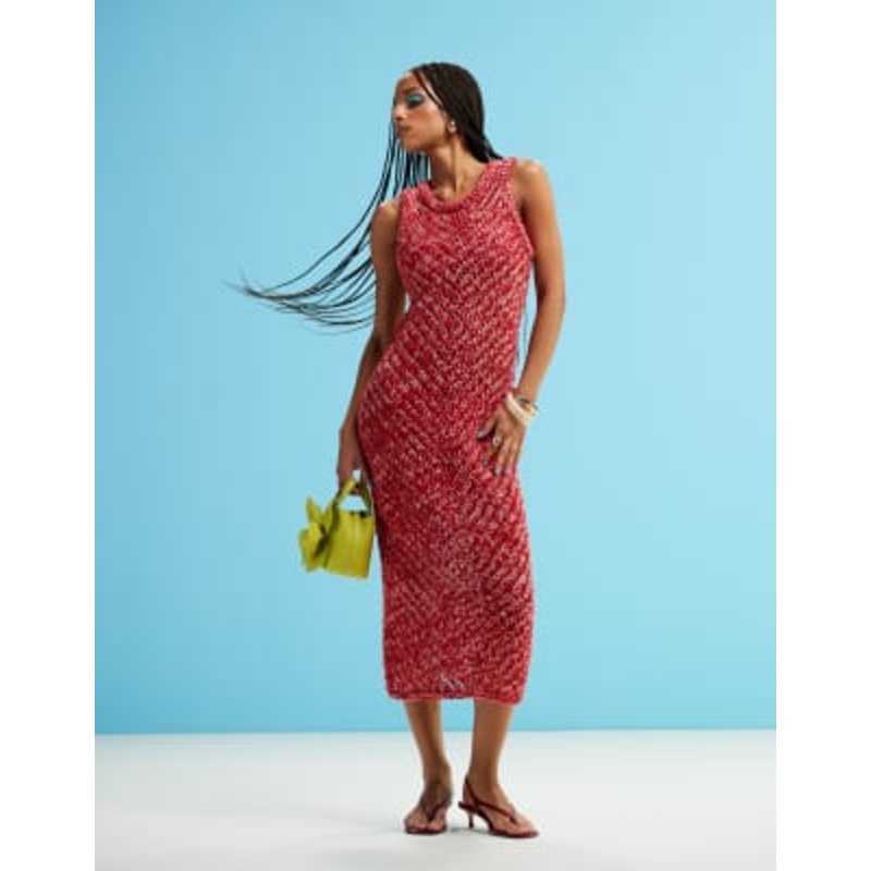& Other Stories crochet knit maxi dress in pink and red twist