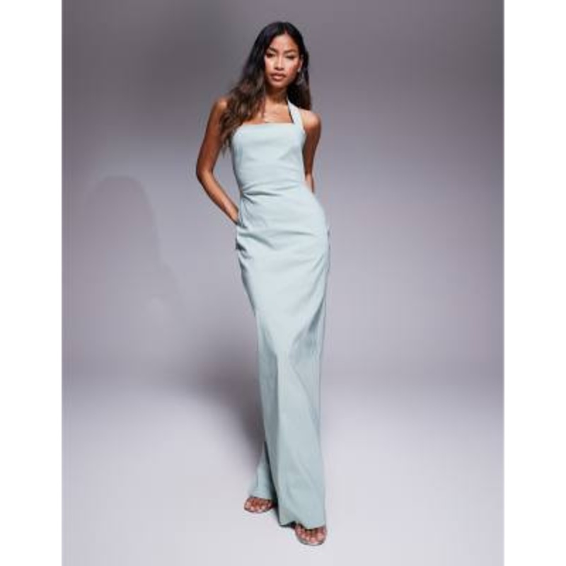 Vesper bengaline halterneck strap bodycon maxi dress in sage