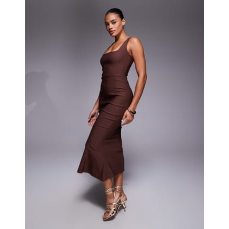 Vesper bengaline sleeveless square neck fishtail midi dress in chocolate brown