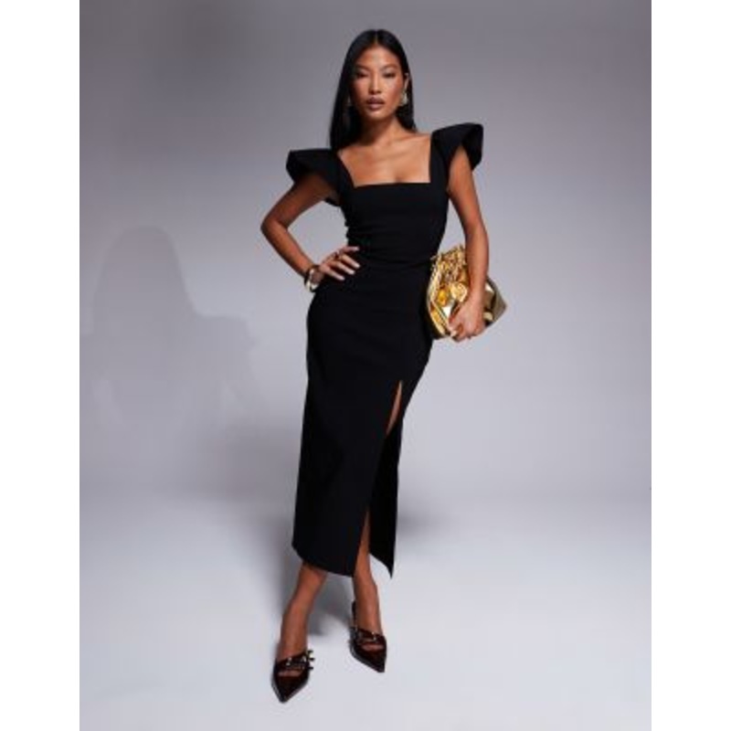 Vesper Petite bengaline square neck ruffle sleeve side slit midaxi dress in black