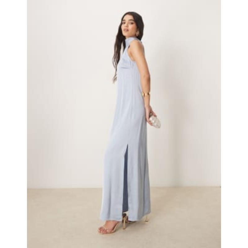 VILA halterneck maxi dress with tie neck in pastel blue