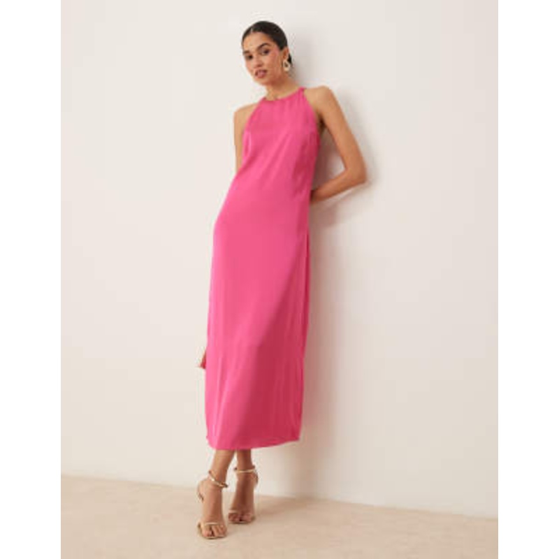 VILA satin high neck maxi dress in raspberry pink