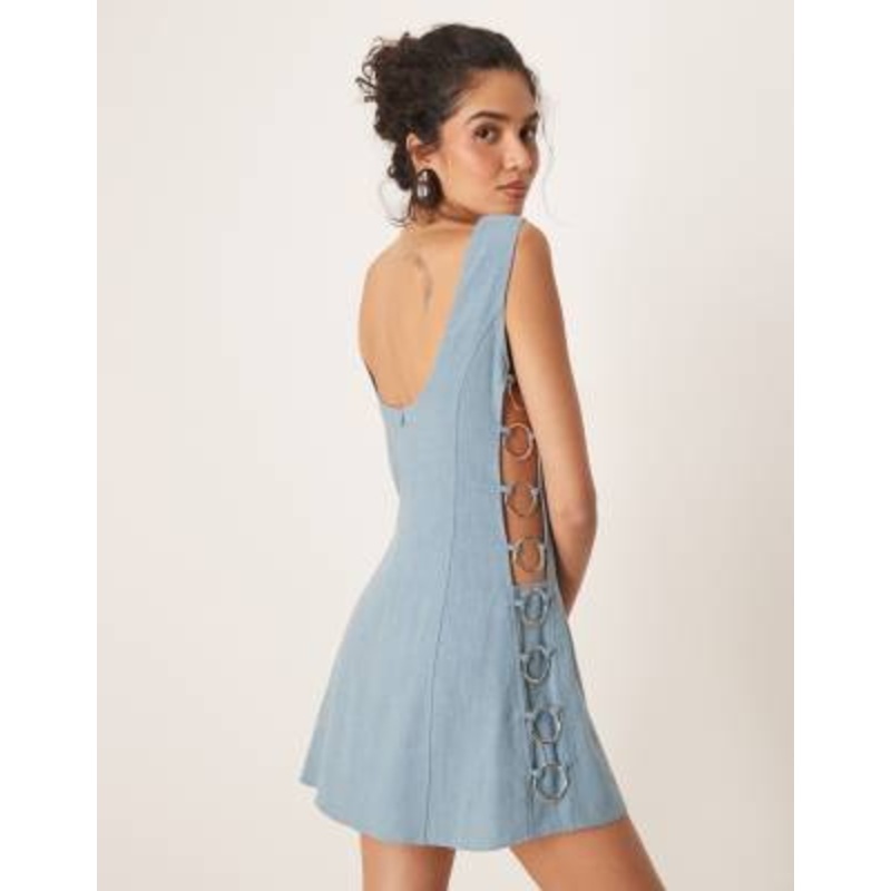 VRG GRL discoteca mini linen dress in sea blue
