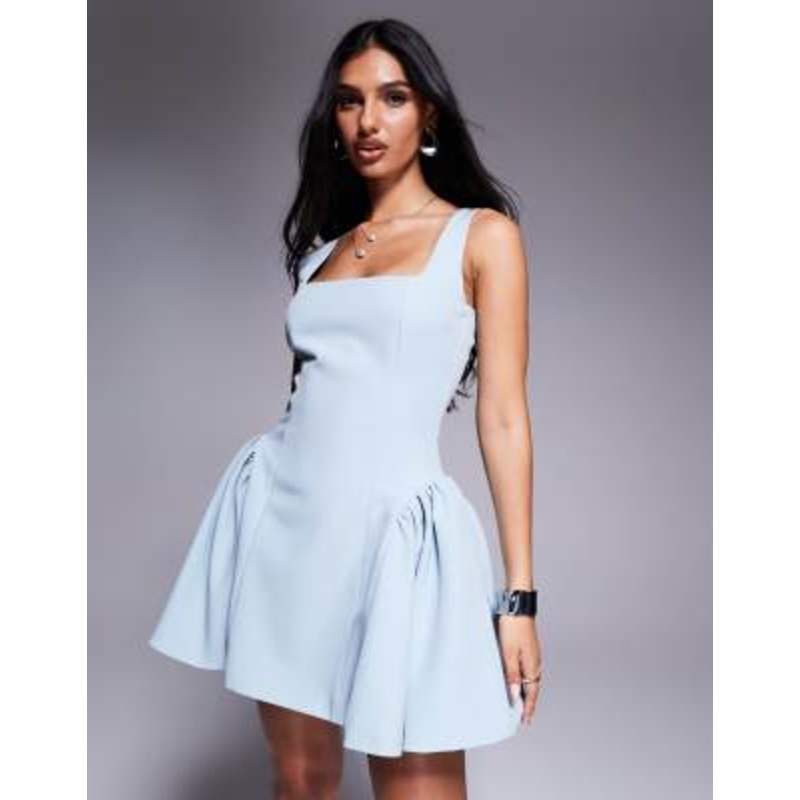 Wanderdoll Sabrina tailored square neck structured side pleat mini dress in baby blue