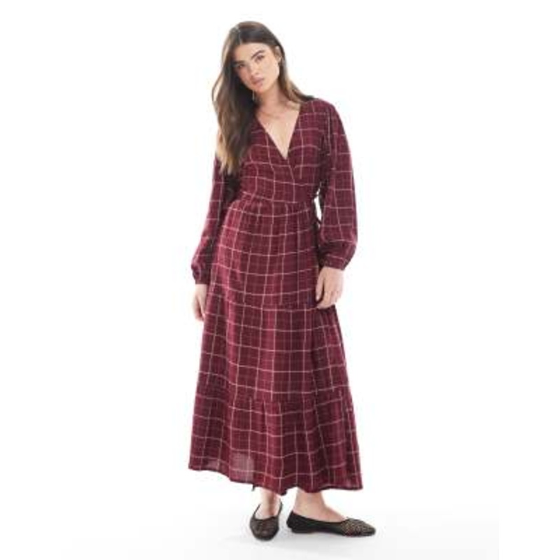 Wednesday’s Girl grid plaid wrap midaxi dress in burgundy