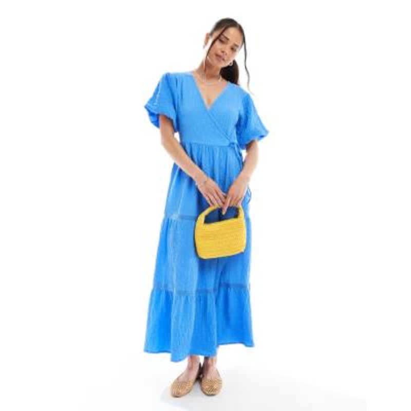 Wednesday’s Girl textured wrap detail puff sleeve midi dress in blue