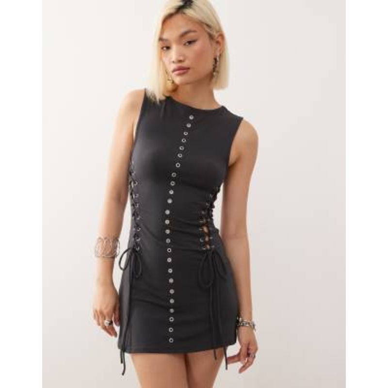 Weekday mini dress with eyelet detail in off-black