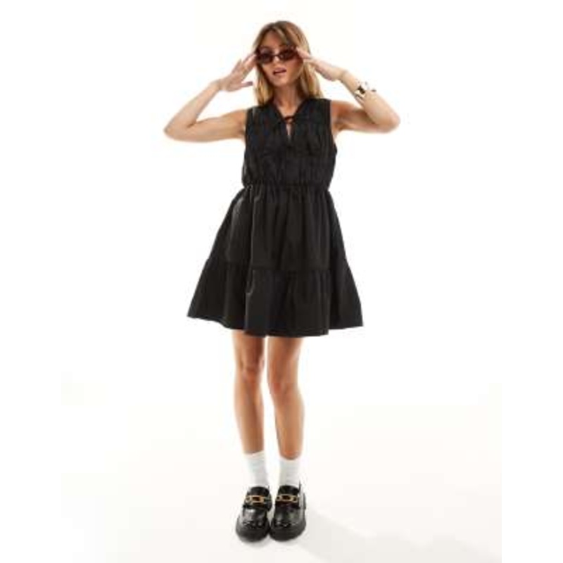 YAS cotton poplin sleeveless mini dress with ruching and tie front detail in black