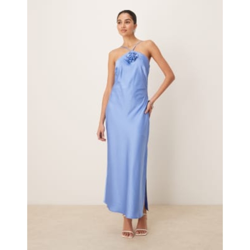 YAS halter neck satin maxi dress with corsage detail in provence blue