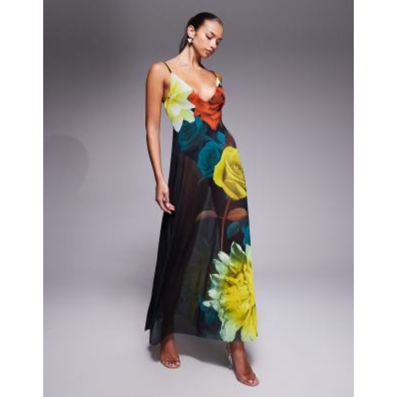 AFRM sheer plunge neck maxi dress with built in shorts in black oversized floral print