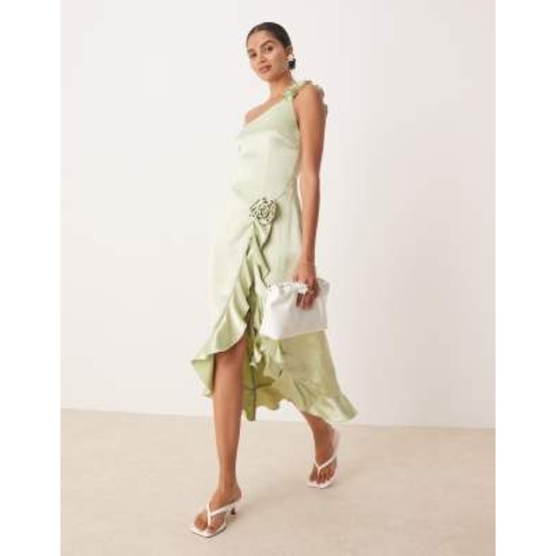 Amy Lynn one shoulder ruffle satin midaxi dress with 3d rose in apple green