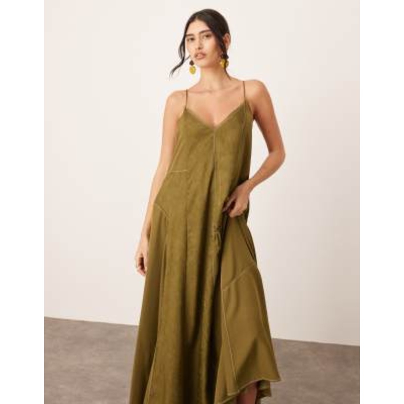 ARRANGE crinkle satin mix cami midi dress with raw edging in olive green