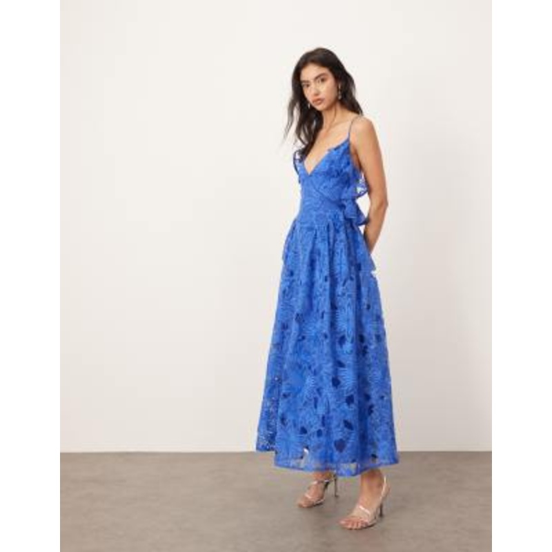 ARRANGE cutwork lace drop waist ruffle detail midi dress with tie back in cobalt blue