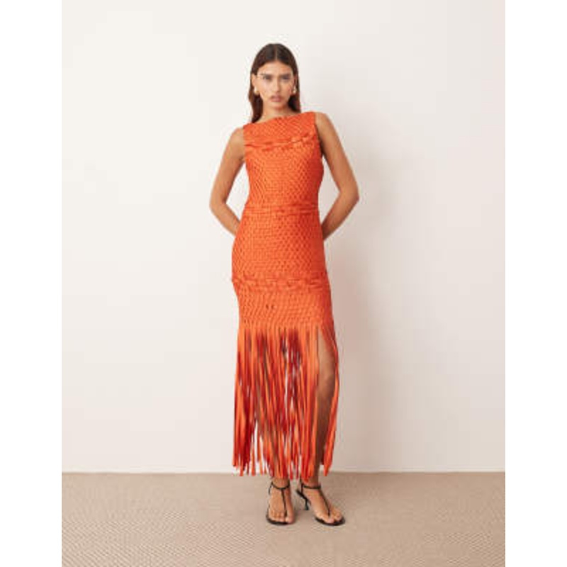 ARRANGE lattice handwoven fringe hem midi dress in orange