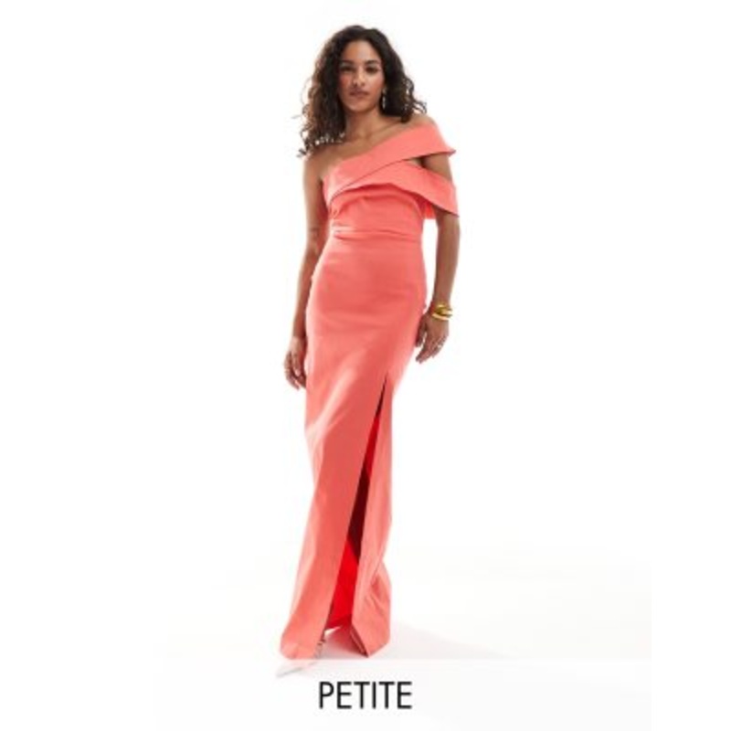 Vesper Petite bengaline one shoulder asymmetric cut out detail thigh slit maxi dress in coral