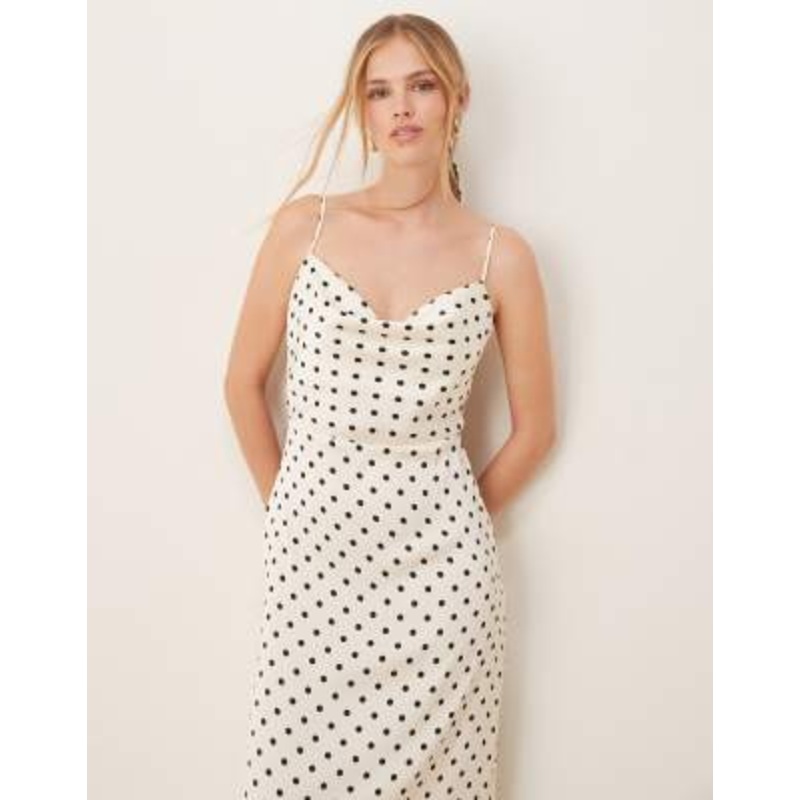 VILA satin polka dot midi dress in white and black