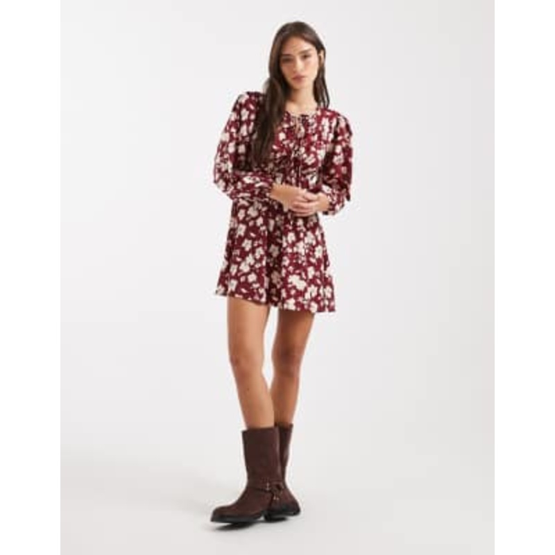 Wednesday’s Girl bold bloom mini smock dress in burgundy
