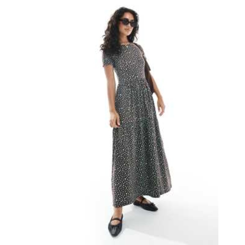 Wednesday’s Girl smudge polka dots tiered midaxi dress in brown and aqua