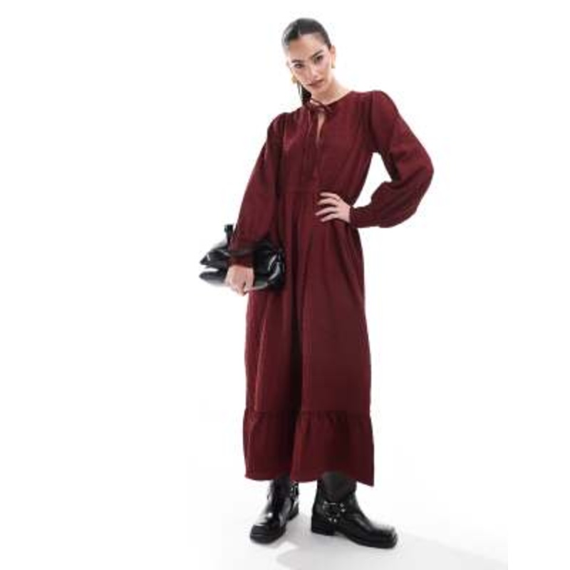 Wednesday’s Girl textured tie-detail midi smock dress in deep red